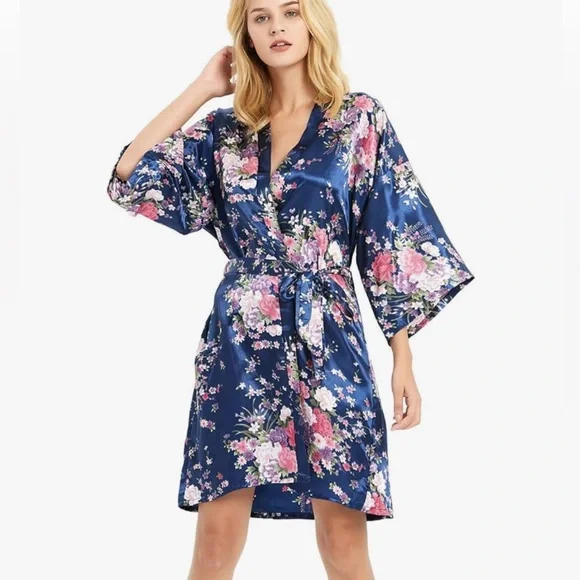 Mother’s Day Floral Soft Silky Dark Blue Kimono Robe - Picture 1 of 4